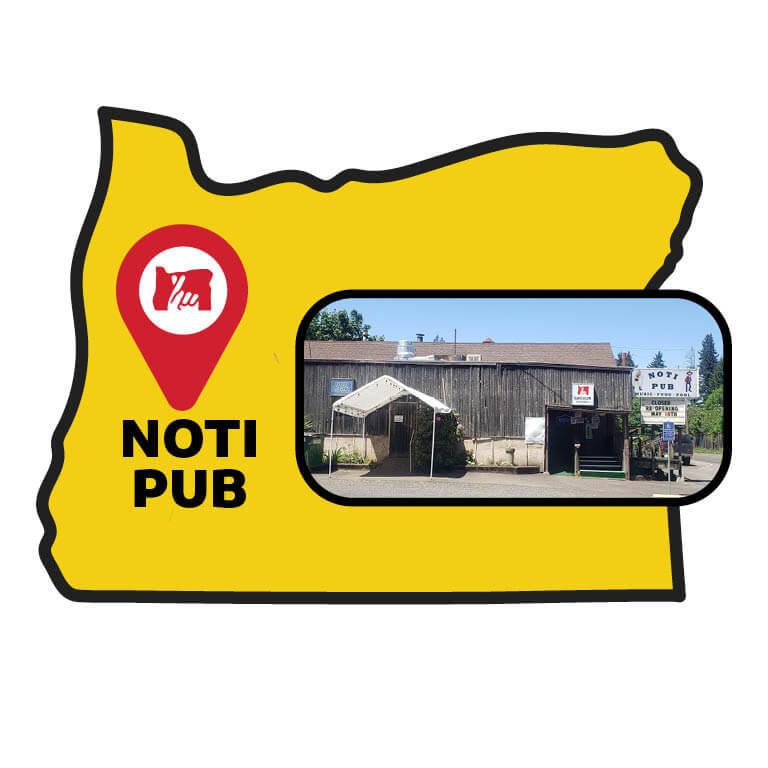 An illustration of Oregon in yellow with a red map pin pointing towards the southwest of the state, labeled 